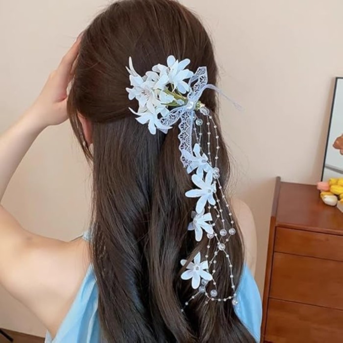White Floral Tassel Lace Bow Hair Clip, Flower Hairpiece for Weddings and Special Occasions