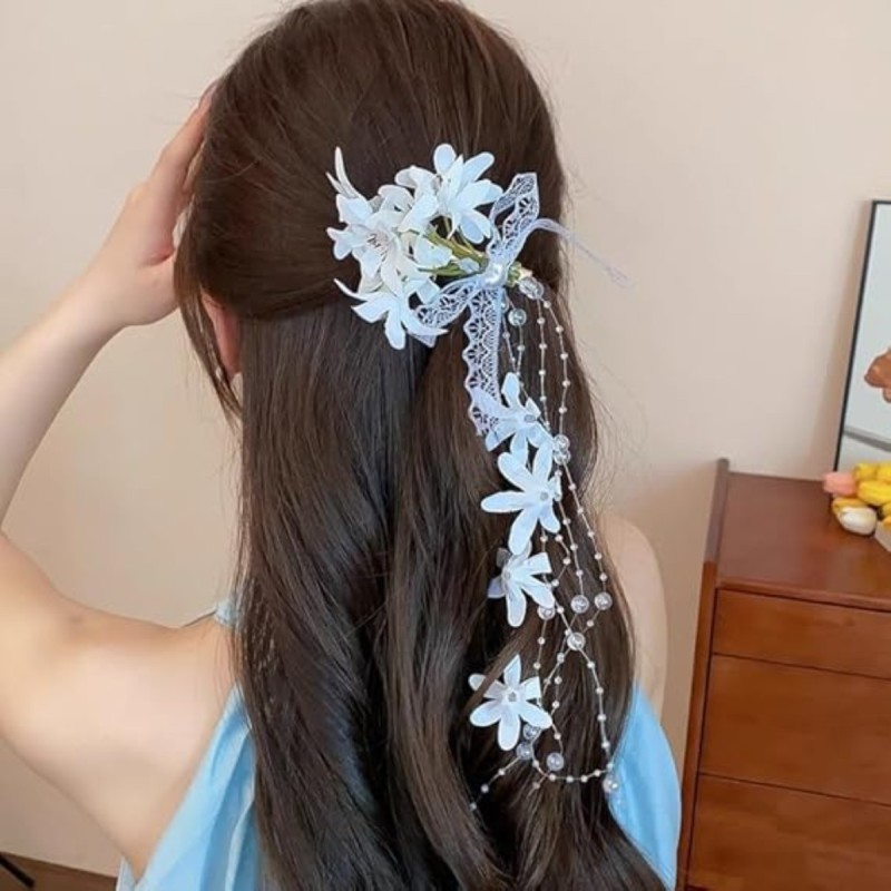 White Floral Tassel Lace Bow Hair Clip, Flower Hairpiece for Weddings and Special Occasions