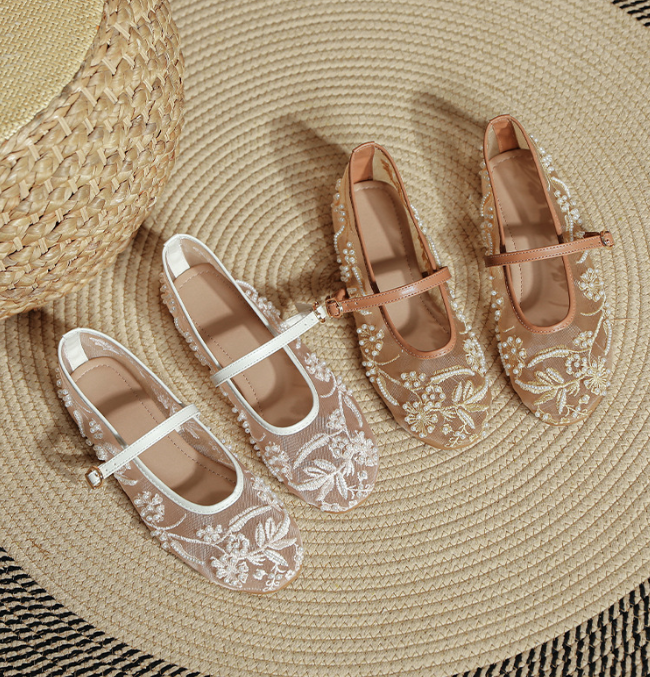 Embroidered Pearl Mesh Round Toe Mary Jane Flats For Summer Casual
