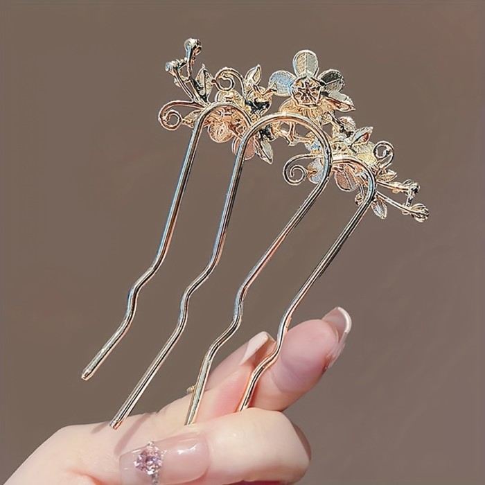 Vintage French Floral Alloy U-Shaped Wave Hair Comb For Daily Dating And Evening Banquet