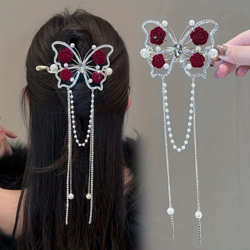 Luxury Rhinestone Pearl Rose Tassel Twist Hair Clip For Daily Dating And Banquet
