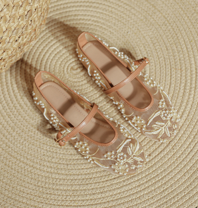 Embroidered Pearl Mesh Round Toe Mary Jane Flats For Summer Casual