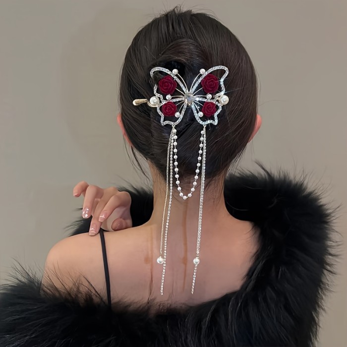 Luxury Rhinestone Pearl Rose Tassel Twist Hair Clip For Daily Dating And Banquet