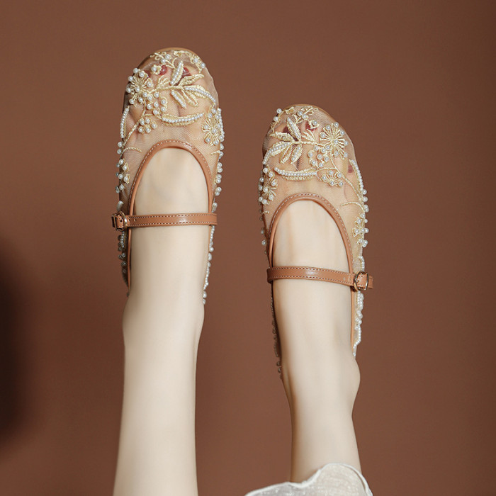 Embroidered Pearl Mesh Round Toe Mary Jane Flats For Summer Casual