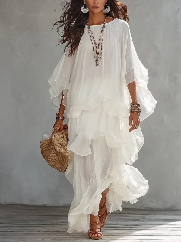 Vintage Solid Batwing Sleeve Tiered Mesh Maxi Dress For Holiday Travel Casual