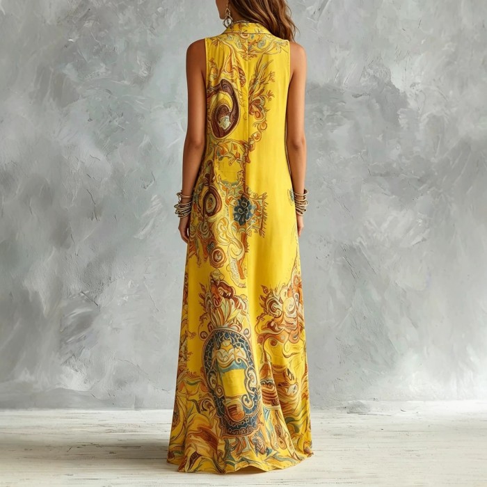 Elegant Sleeveless Printed Turndown Collar Long Dress For Summer Boho Casual
