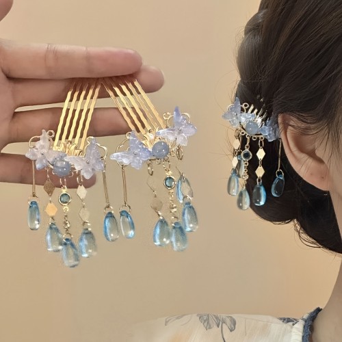 New Chinese Style Blue Butterfly Tassel Hairpin For Daily Strolls And Hanfu Shooting