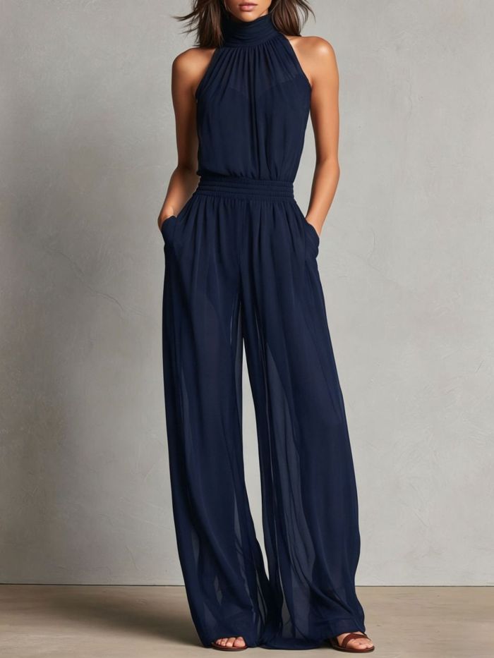 Elegant Sleeveless Halter Wide Leg Jumpsuit For Holiday Street Casual