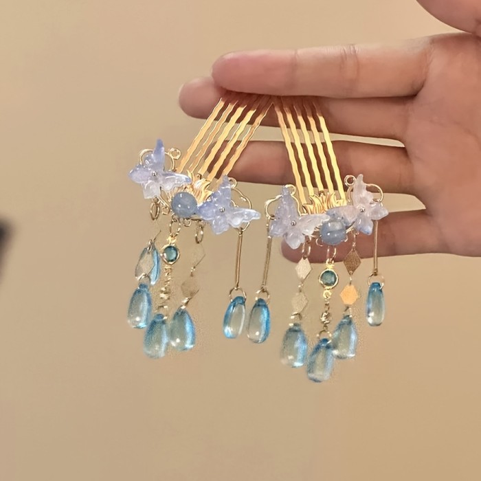 New Chinese Style Blue Butterfly Tassel Hairpin For Daily Strolls And Hanfu Shooting