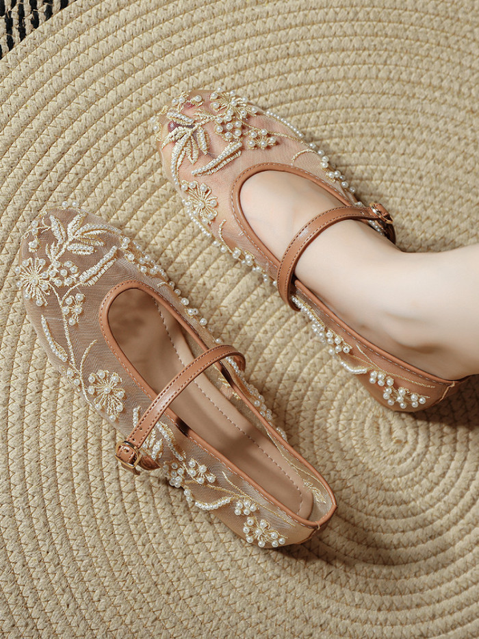 Embroidered Pearl Mesh Round Toe Mary Jane Flats For Summer Casual