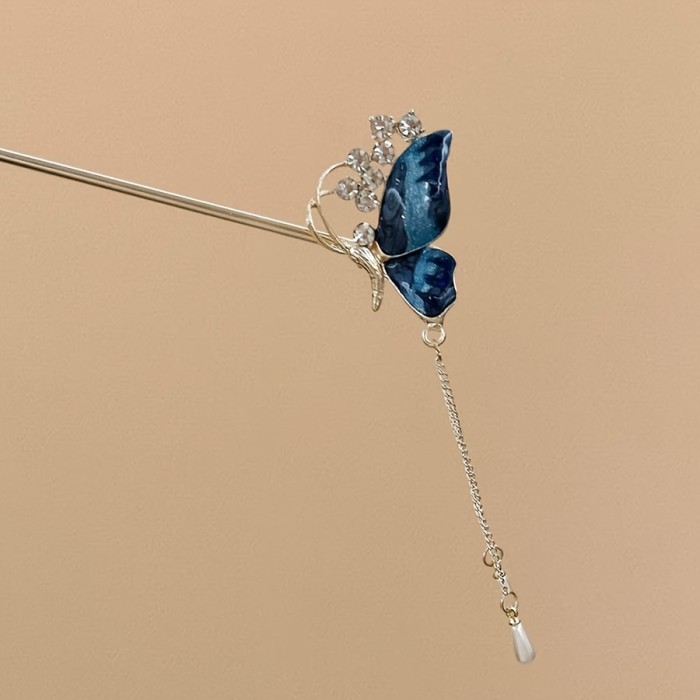 New Chinese Style Blue Butterfly Rhinestone Tassel Hairpin For Tea Events And Hanfu Photoshoots