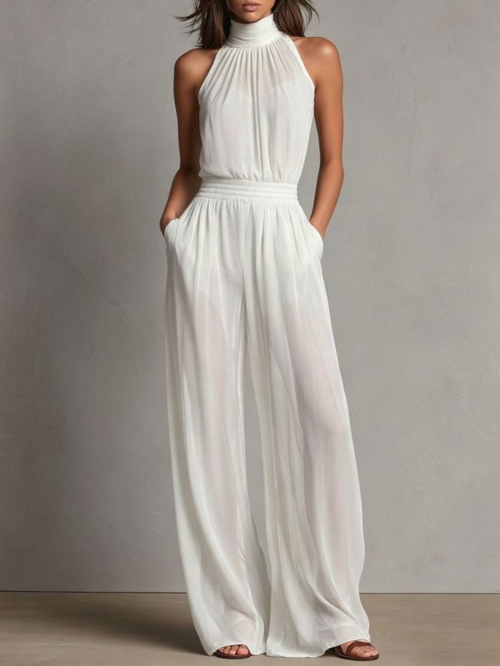 Elegant Sleeveless Halter Wide Leg Jumpsuit For Holiday Street Casual