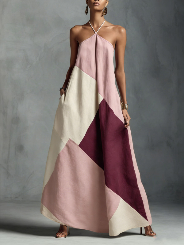 Color Block Geometric Print Halter Maxi Dress For Summer Vacation Casual