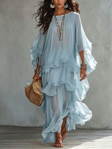 Vintage Solid Batwing Sleeve Tiered Mesh Maxi Dress For Holiday Travel Casual