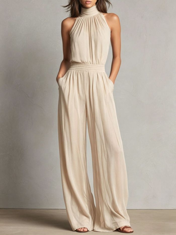 Elegant Sleeveless Halter Wide Leg Jumpsuit For Holiday Street Casual
