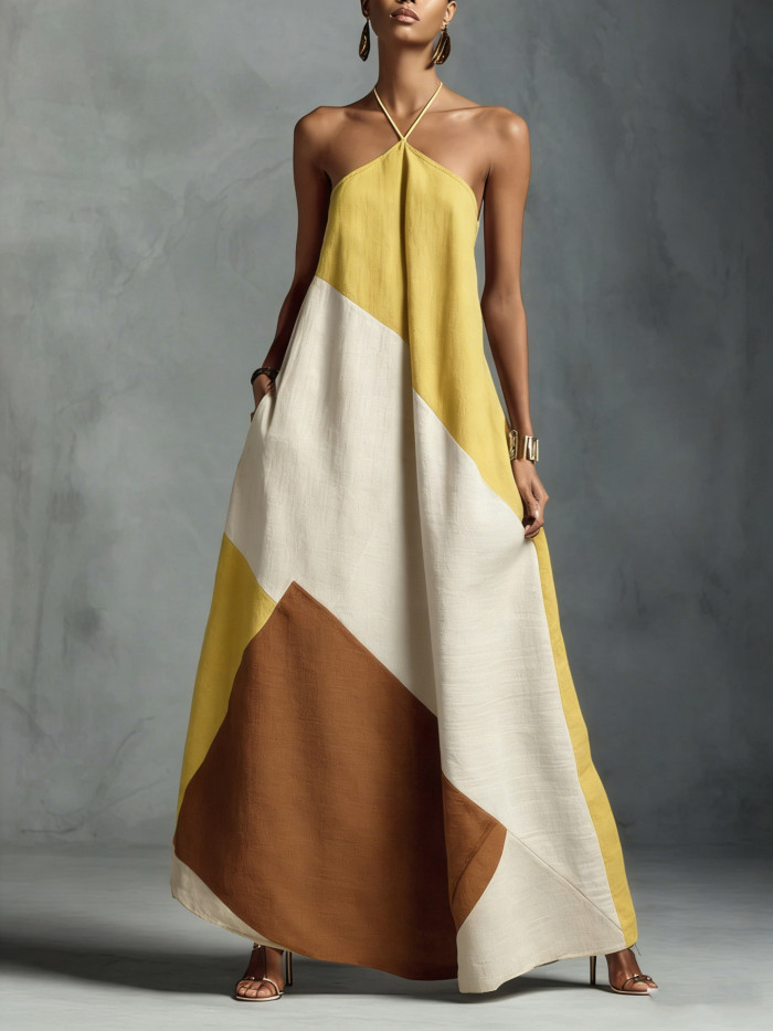 Color Block Geometric Print Halter Maxi Dress For Summer Vacation Casual