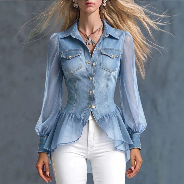 Vintage Contrast Tulle Denim Blouse With Lantern Sleeves For Party Daily