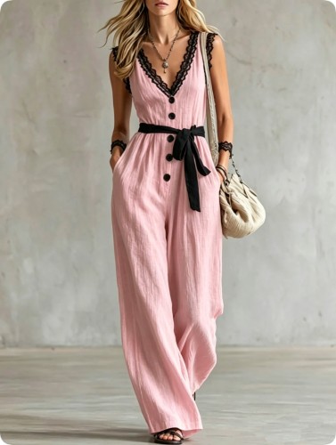Solid V-Neck Sleeveless Lace Edge Belted Wide Leg Jumpsuit With Pockets For Women Summer Vacation Casual