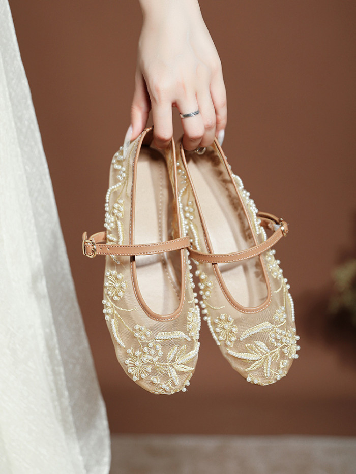 Embroidered Pearl Mesh Round Toe Mary Jane Flats For Summer Casual