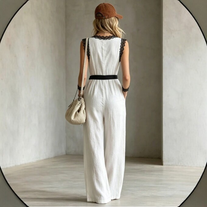 Solid V-Neck Sleeveless Lace Edge Belted Wide Leg Jumpsuit With Pockets For Women Summer Vacation Casual