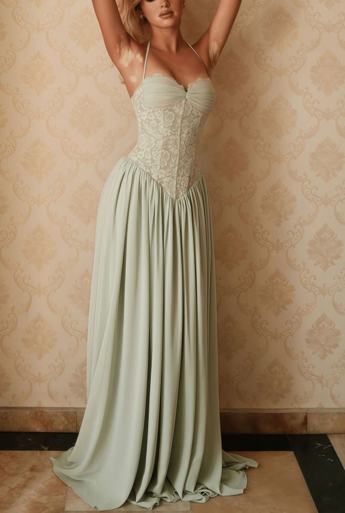 Vintage Spaghetti Strap Pleated Floor Length Dress For Wedding Guest & Evening Events