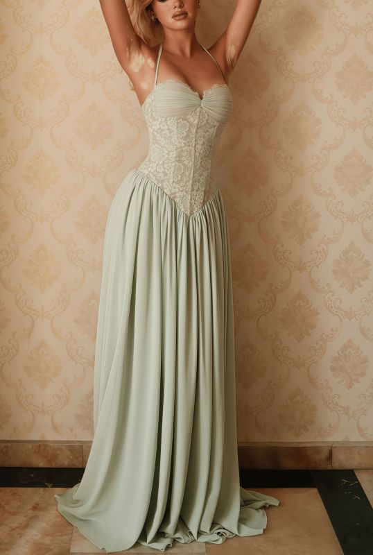 Vintage Spaghetti Strap Pleated Floor Length Dress For Wedding Guest & Evening Events