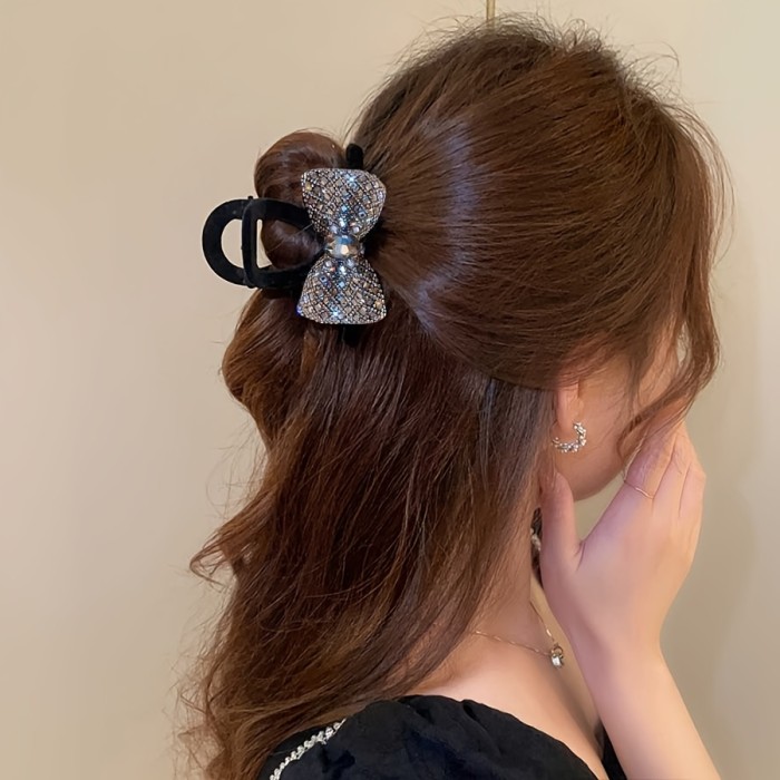 Luxury Flocked Bow Rhinestone Hair Clip, Elegant Black Headwear For Women