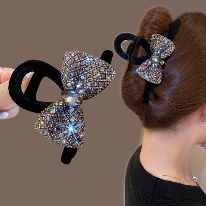Luxury Flocked Bow Rhinestone Hair Clip, Elegant Black Headwear For Women