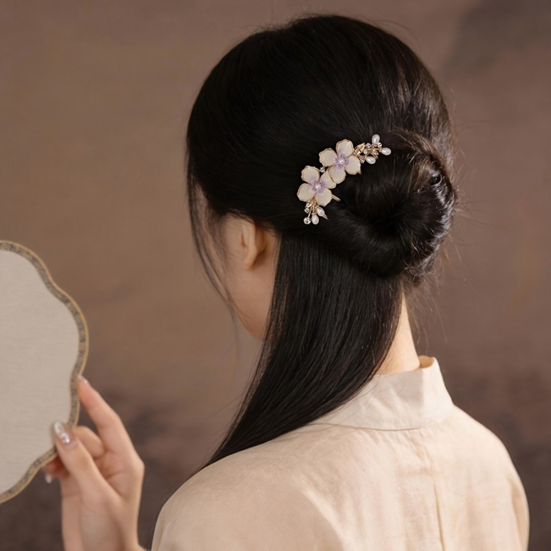 Gradient Floral Pearl Rhinestone Hair Comb, New Chinese Vintage Elegant Hair Accessory