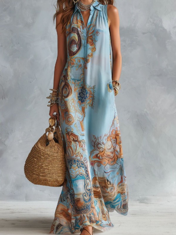 Elegant Sleeveless Printed Turndown Collar Long Dress For Summer Boho Casual
