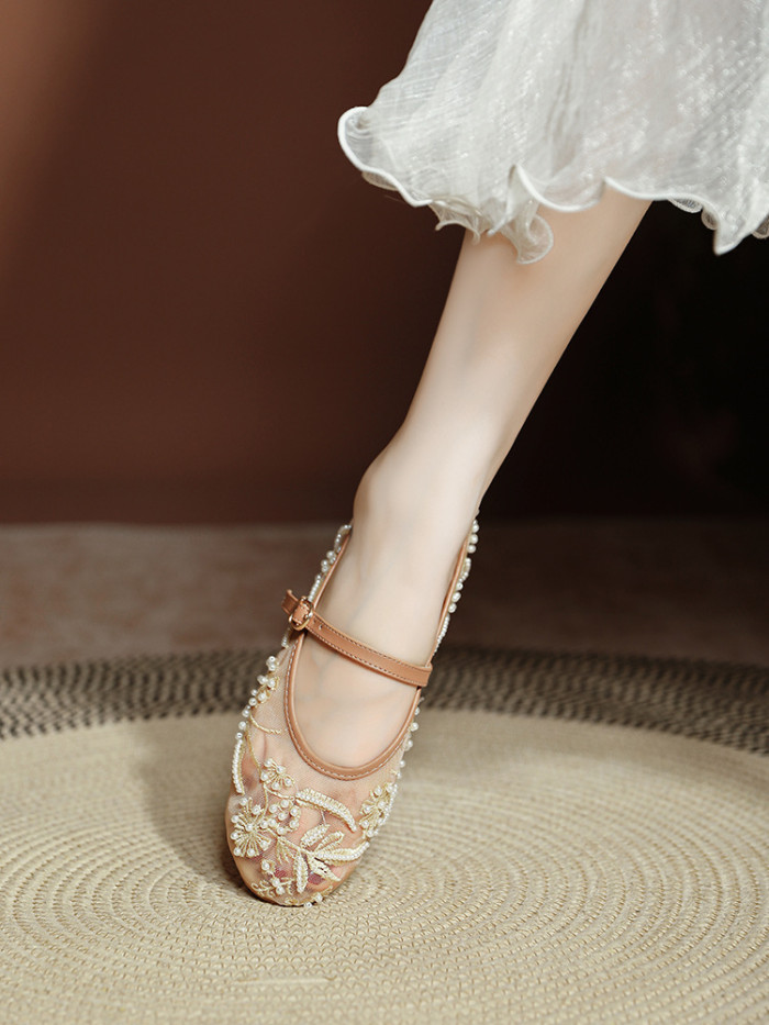 Embroidered Pearl Mesh Round Toe Mary Jane Flats For Summer Casual