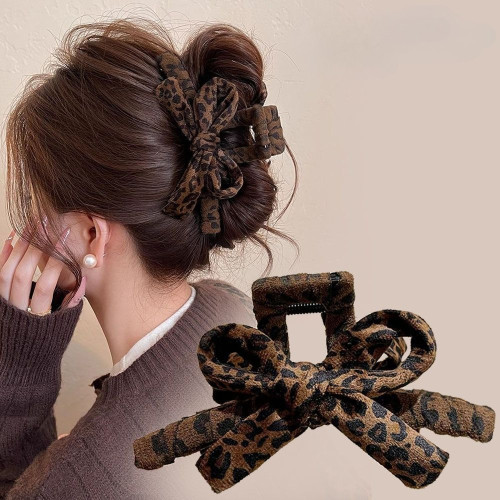 Large Leopard Print Bow Shark Clip For Ponytails, Buns And Parties, Suitable For Thick Hair