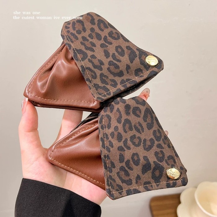 Retro Faux Leather Leopard Triangle Hair Clip For Autumn Winter, Fits Thick Hair