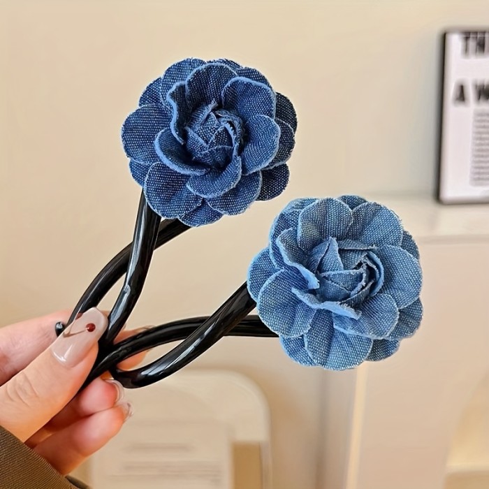 Blue Denim Floral Twist Barrette For Daily Strolls And Dating Occasions