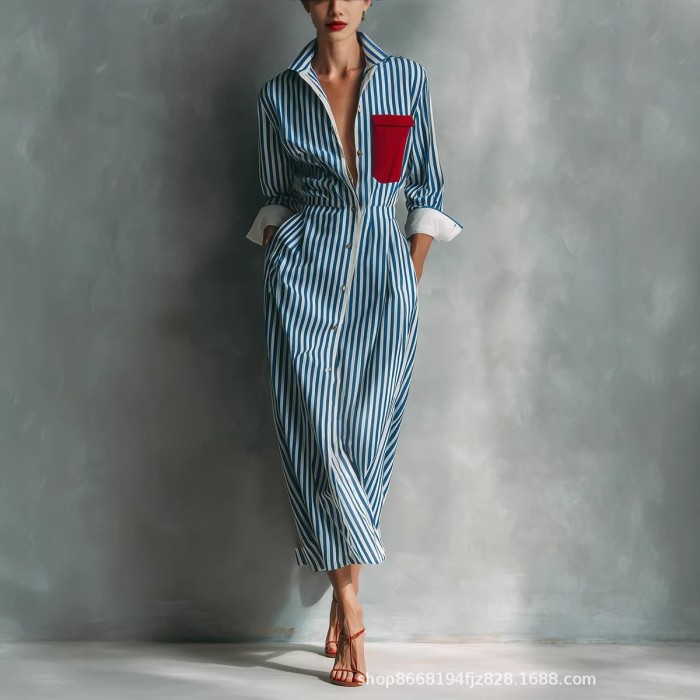 Vintage Striped Turn Down Collar Shirt Midi Dress For Resort Travel Casual