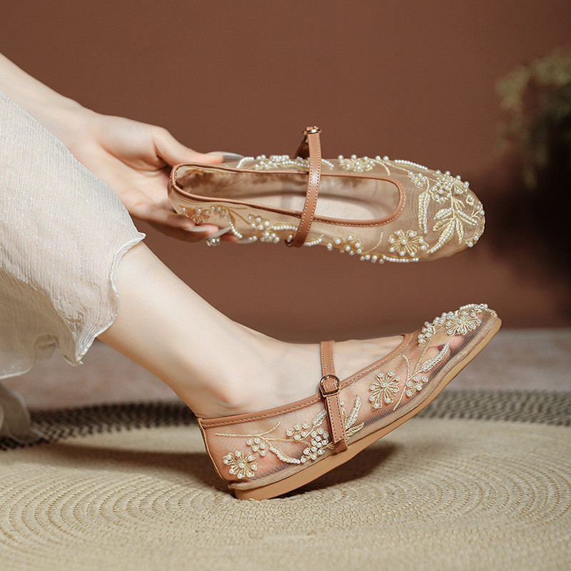Embroidered Pearl Mesh Round Toe Mary Jane Flats For Summer Casual