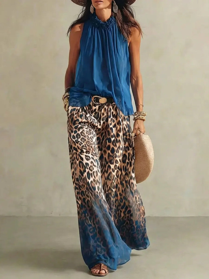 Sleeveless Halter Top & Gradient Leopard Wide Leg Pants Two Piece Set For Summer Casual