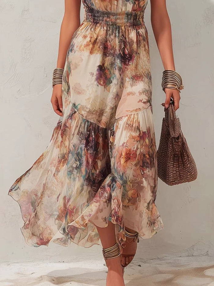 Elegant Halter Off Shoulder Floral Long Dress For Party & Beach
