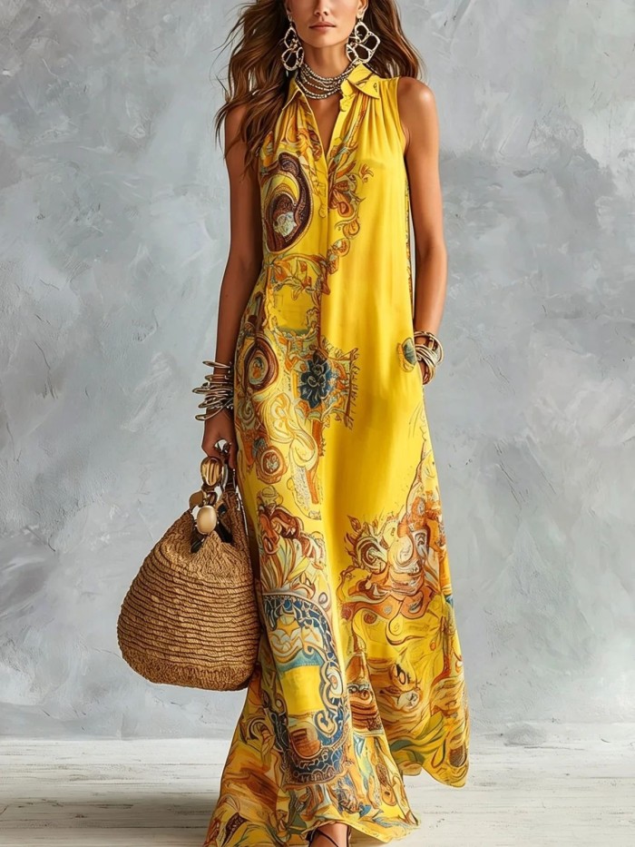 Elegant Sleeveless Printed Turndown Collar Long Dress For Summer Boho Casual