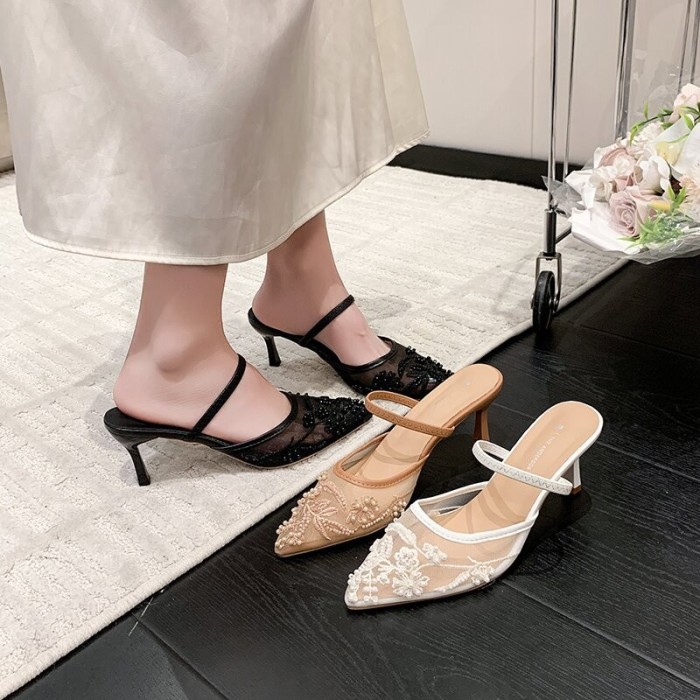 Mesh Floral Embroidered Pearl Pointed Toe Stiletto Mules For Evening Dating