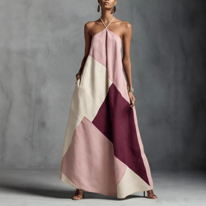 Color Block Geometric Print Halter Maxi Dress For Summer Vacation Casual