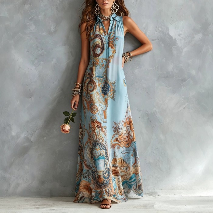 Elegant Sleeveless Printed Turndown Collar Long Dress For Summer Boho Casual