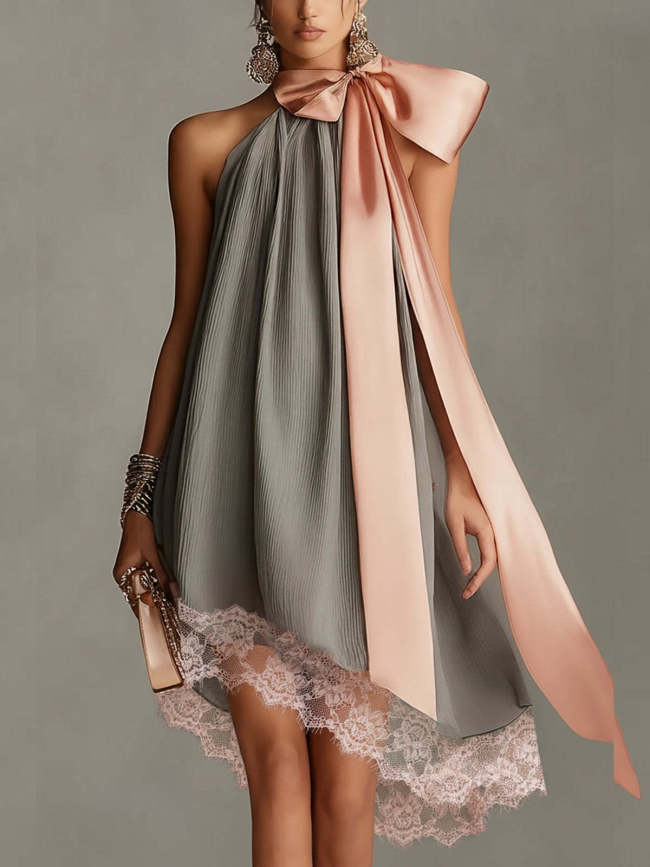 Elegant Bow Halter Crinkle A Line Mini Dress For Bridesmaid & Summer Party