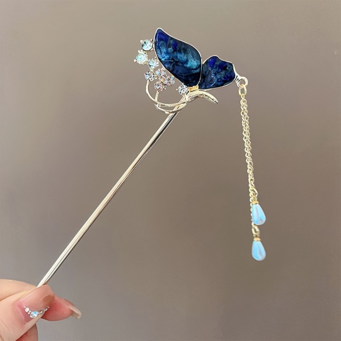 New Chinese Style Blue Butterfly Rhinestone Tassel Hairpin For Tea Events And Hanfu Photoshoots