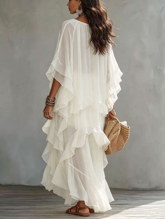 Vintage Solid Batwing Sleeve Tiered Mesh Maxi Dress For Holiday Travel Casual