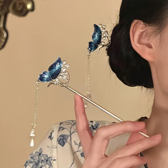 New Chinese Style Blue Butterfly Rhinestone Tassel Hairpin For Tea Events And Hanfu Photoshoots