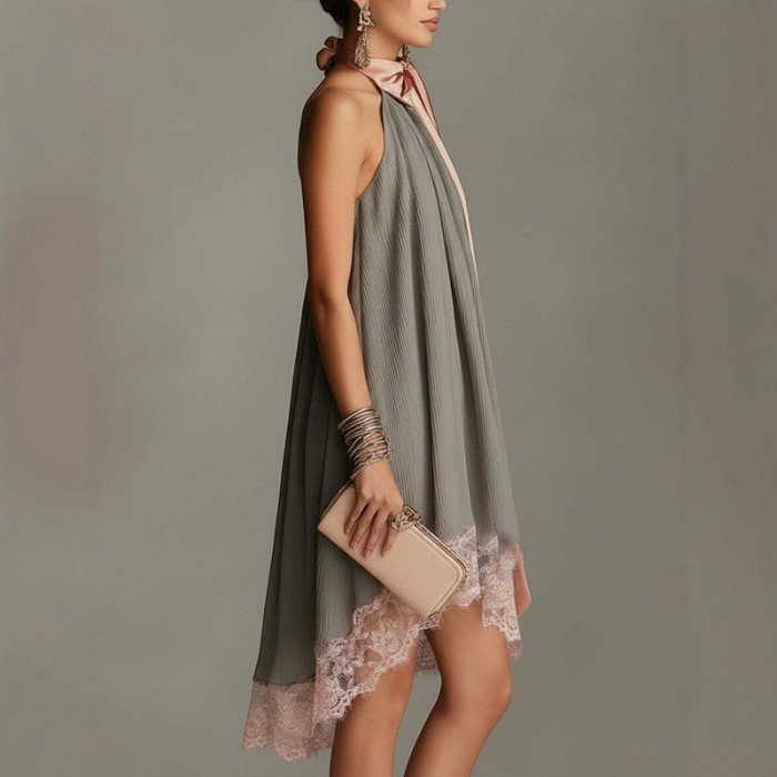 Elegant Bow Halter Crinkle A Line Mini Dress For Bridesmaid & Summer Party