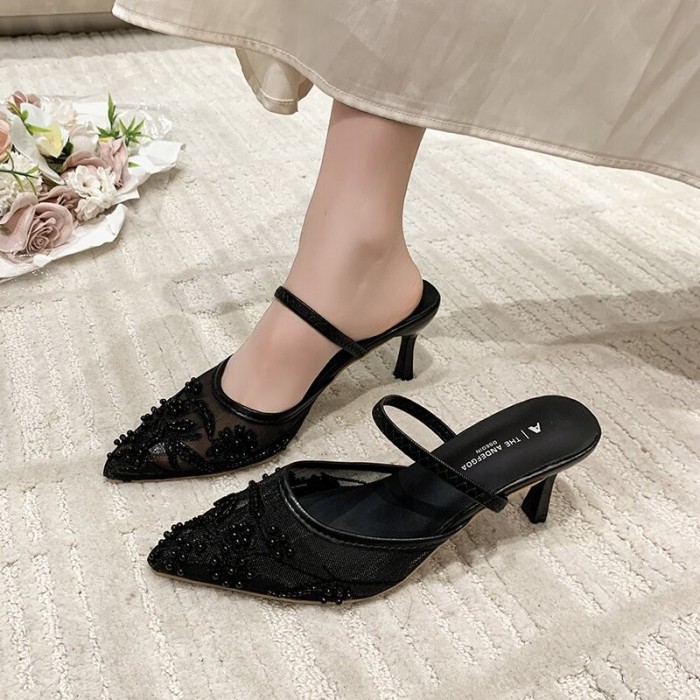 Mesh Floral Embroidered Pearl Pointed Toe Stiletto Mules For Evening Dating