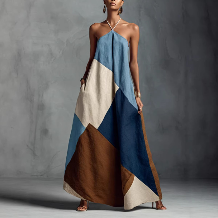 Color Block Geometric Print Halter Maxi Dress For Summer Vacation Casual