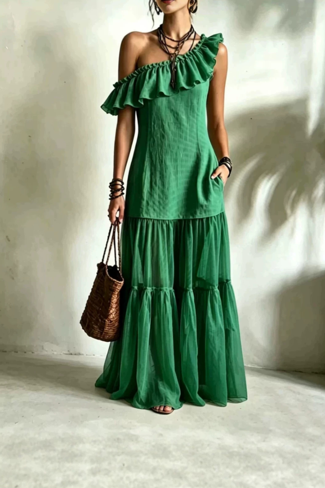 Solid Off Shoulder Tiered Boho Maxi Dress For Beach Party Summer Casual